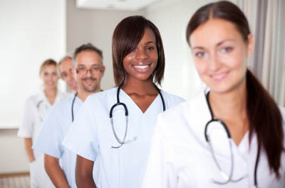 Certified nursing assistant workers in scrubs